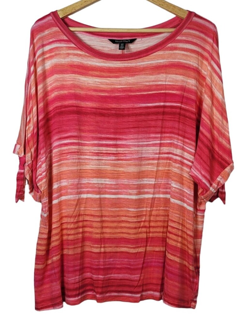 Ellen Tracy Womens Pullover Top Pink 1X Open Ties Short Sleeve On Striped Casual